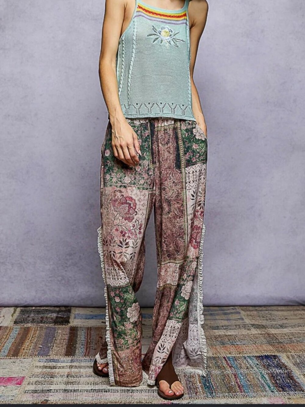 POL THE ROSE SIDE SLIT PATCHWORK PANT